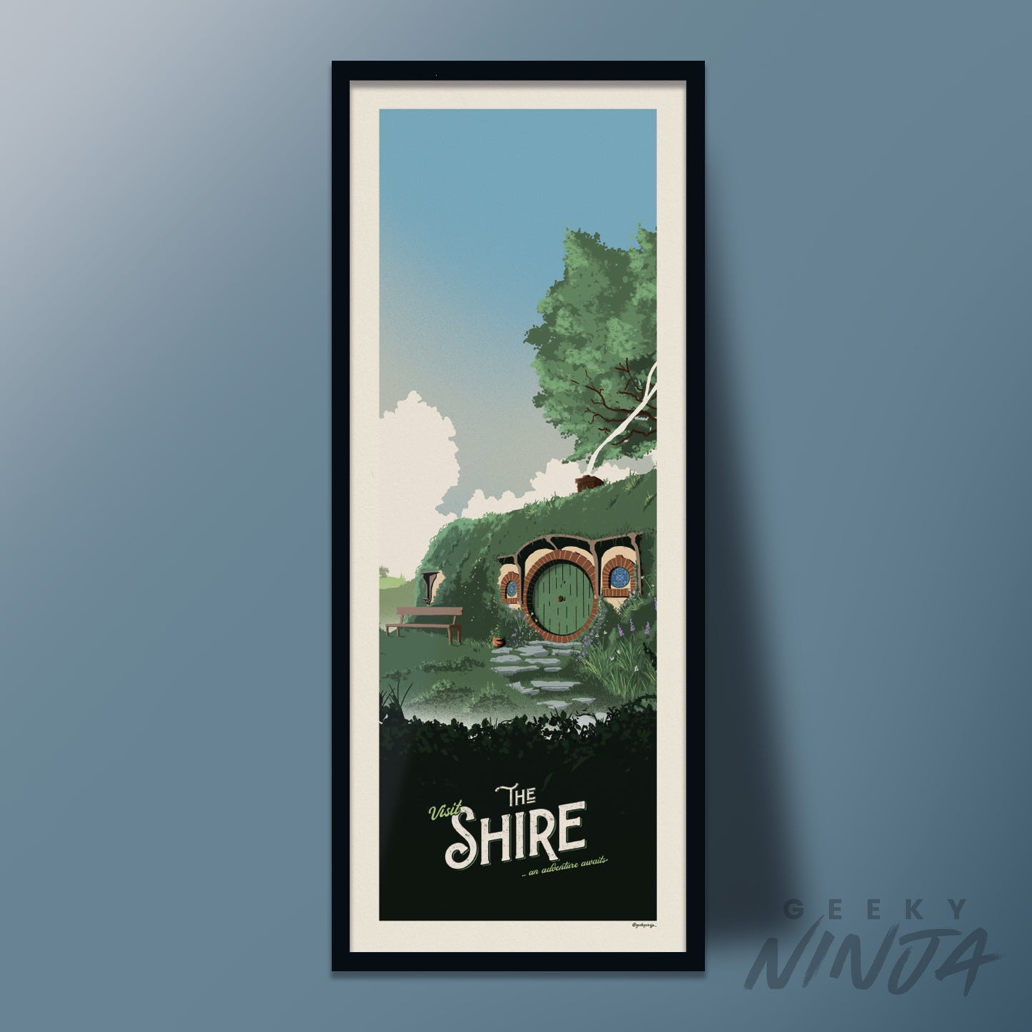 The Shire Travel Poster | 8.5" x 22" panoramic poster | Vintage LOTR Hobbiton Art Print